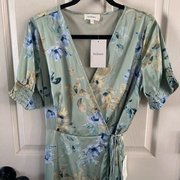 Bohme Floral Wrap Dress NWT Sz Medium Blue & Green - Picture 2 of 16